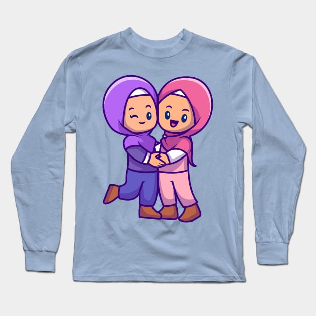 Couple Girl Moslem Celebrating Eid Mubarak Cartoon Long Sleeve T-Shirt by Catalyst Labs